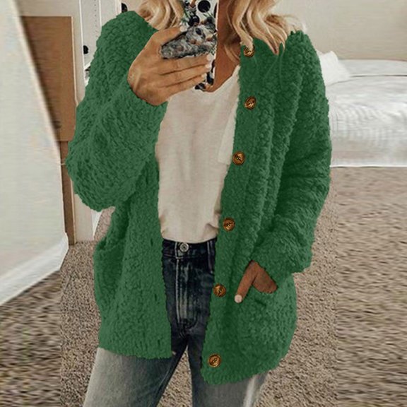 CQONEPT Women's Faux Shearling Cardigan Button Down Overcoat Lightweight Fuzzy Jackets Cozy Warm Coats with Pockets Green L