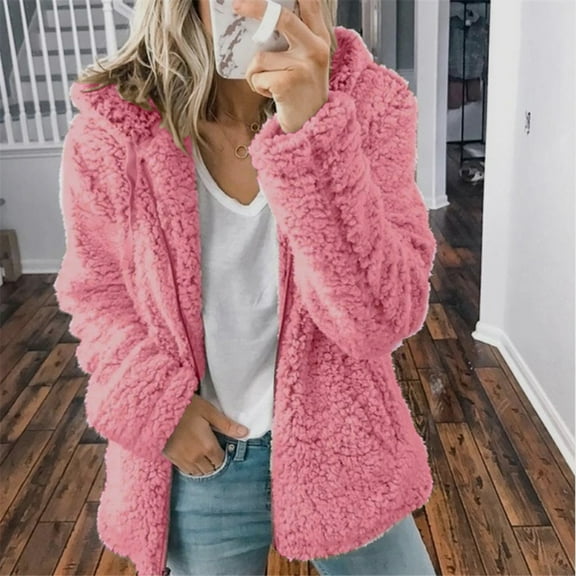 CQONEPT Women's Faux Shearling Hoodie Fuzzy Jacket Full Zip Drawstring Overcoat Cozy Soft Coats Winter Plain Clothes Hot Pink 2XL