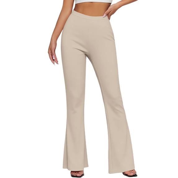 CQONEPT Women's Flared Yoga Pants High Waisted Comfy Fitness Pants Casual Workout Gym Running Solid Pant Khaki S