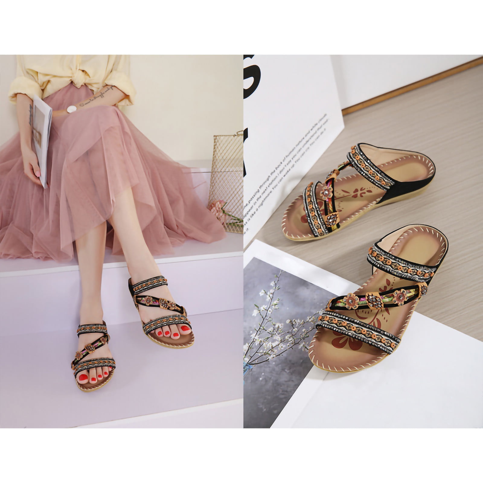 Women's Bohemian Flat Sandals - Elastic Ankle Strap, Flower Jeweled, Non-Slip Sole For Summer & Beach 3 thumbnail image