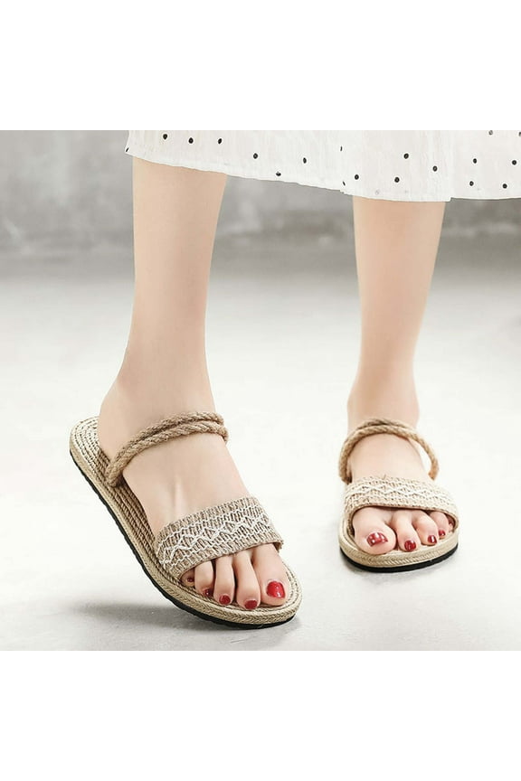 Women's Flat Sandals Straw Open Toe Dressy Boho Summer Dressy Beach Sandals Fashion Evening Party Wedding Sandals Size 6 Beige