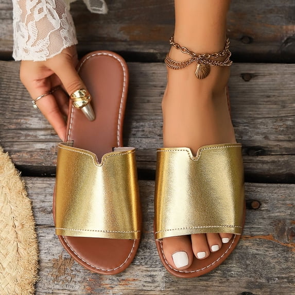 CQONEPT Women's Flat Slippers Sandals Slide Sandals PU Leather Open Toe Casual Comfortable Lightweight Outdoor Beach Shoes Gold 42