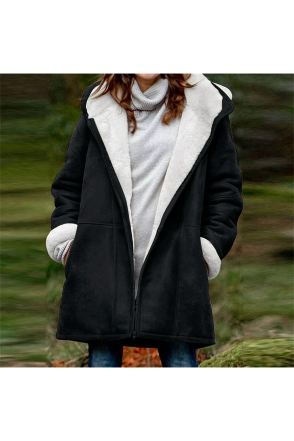 Women's Fleece Lined Hoodies Notched Collar Coats Thicken Comfy Rain Jacket with Pockets Going Out Outerwear Black 2XL