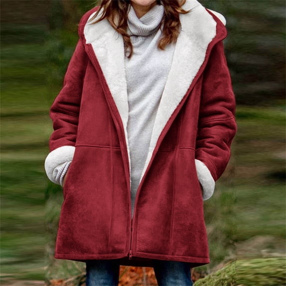 CQONEPT Women's Fleece Lined Hoodies Notched Collar Coats Thicken Comfy Rain Jacket with Pockets Going Out Outerwear Red 2XL