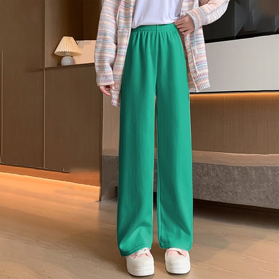 CQONEPT Women's Fleece Lined Pants Lounge Loose Pants Elastic Waisted Pant Fashion Straight Leg Comfy Trousers Green S