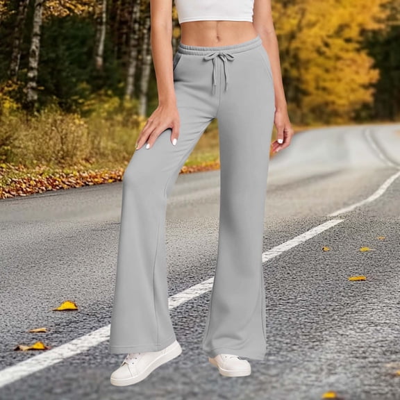 CQONEPT Women's Fleece Lined Sweatpants Lounge Loose Fit Jogger Pant Bell Bottom Drawstring Pant with Pockets Gray L