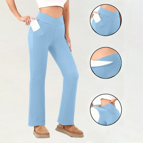 CQONEPT Women's Fleece Pants Casual Stretchy High Rise Leggings V Cross Waist Warm Fall Trendy Winter Pant Light Blue L