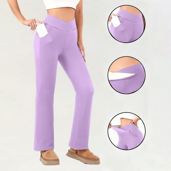 CQONEPT Women's Fleece Pants Casual Stretchy High Rise Leggings V Cross Waist Warm Fall Trendy Winter Pant Purple L