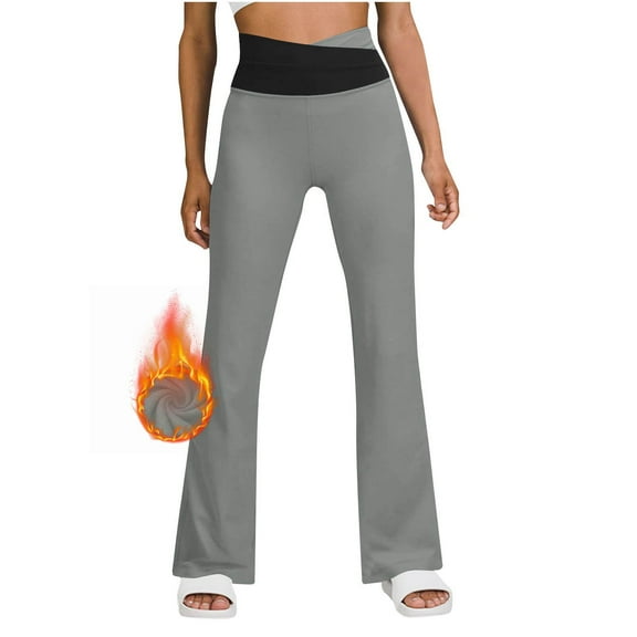 CQONEPT Women's Fleece Pants V Cross Waist Casual Loose Fit Pant Bell Bottom Outdoor Streetwear Trousers with Pockets Gray S