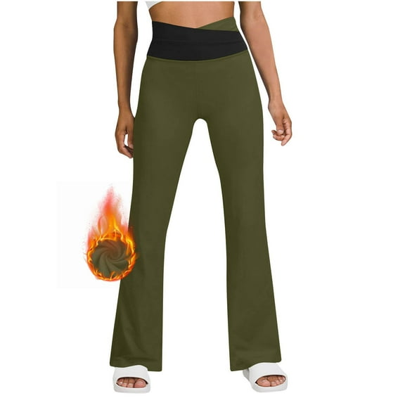 CQONEPT Women's Fleece Pants V Cross Waist Casual Loose Fit Pant Bell Bottom Outdoor Streetwear Trousers with Pockets Green XL