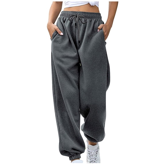 CQONEPT Women's Fleece Sweatpants Elastic Waist Drawstring Jogger Pant Casual Loose Fit Workouts Streetwear Trousers with Pocket Dark Gray L