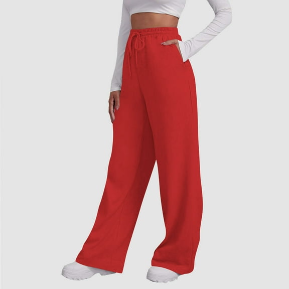 CQONEPT Women's Fleece Sweatpants Elastic Waist Loose Fit Joggers Pant Drawstring Casual Lined Workouts Cycling Trousers with Pockets Red XL