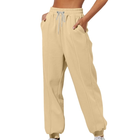 CQONEPT Women's Fleece Sweatpants Warm Casual Loose Fit Drawstring Tapered Pant Outdoor Fall Winter Jogger Pant with Pocket Khaki M