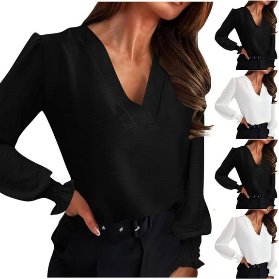 CQONEPT Women's Flowy V-Neck Blouse Dressy Casual Work Top Lightweight Long Sleeve Business Shirt Black M