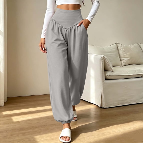 CQONEPT Women's High Waist Harem Pants Boho Yoga Pant with Pockets Casual Baggy Tummy Control Comfy Palazzo Trousers Gray S