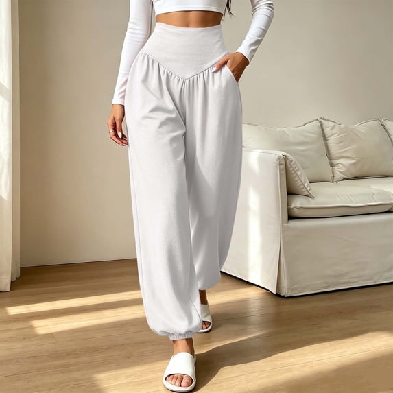 CQONEPT Women's High Waist Harem Pants Boho Yoga Pant with Pockets Casual Baggy Tummy Control Comfy Palazzo Trousers White L