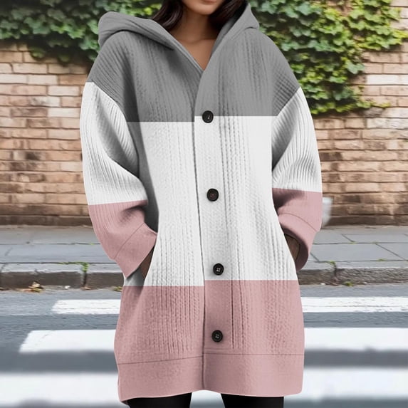 CQONEPT Women's Hooded Jacket Fleece Lined Overcoat Color Block Jackets Fashion Casual Winter Clothing with Pockets Gray 2XL