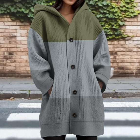 CQONEPT Women's Hooded Jacket Fleece Lined Overcoat Color Block Jackets Fashion Casual Winter Clothing with Pockets Green L