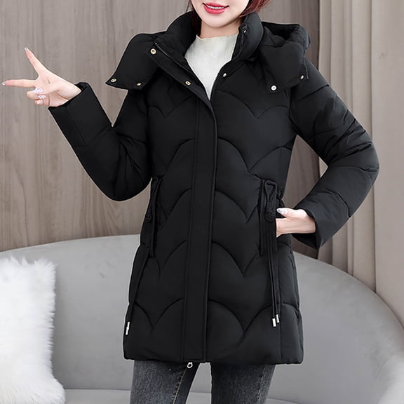 CQONEPT Women's Hooded Jacket Full Zip Up Cozy Down Coats Soft Lounge Raincoat Puffer Overcoat Winter Raincoat with Pockets Black 2XL