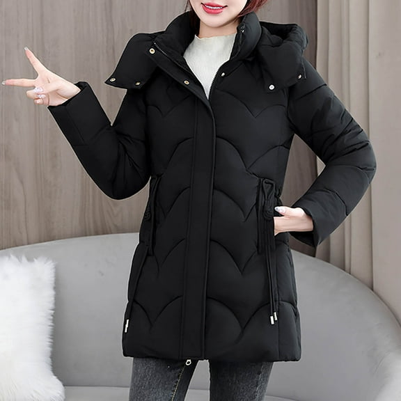 CQONEPT Women's Hooded Jacket Full Zip Up Cozy Down Coats Soft Lounge Raincoat Puffer Overcoat Winter Raincoat with Pockets Black L