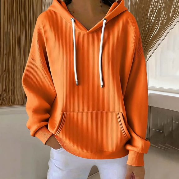 CQONEPT Women's Hoodies Dressy Casual Sweatshirts Cute Drawstring Pullover Tops Long Sleeve Fleece Clothes with Pockets Orange S