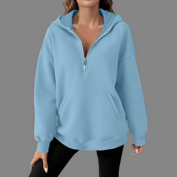 CQONEPT Women's Hoodies Half Zip Sweatshirts Lounge Solid Color Pullover Fall Fashion Clothes with Pockets Light Blue L