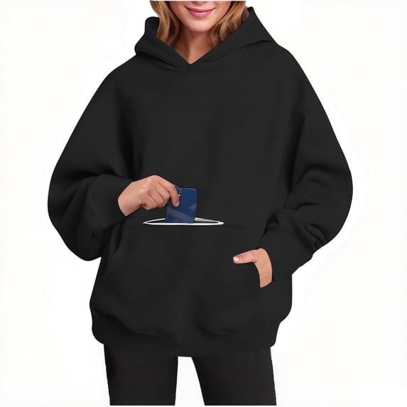 CQONEPT Women's Hoodies with Zip Pockets Lounge Fleece Sweatshirts Trendy Fashion Pullover Tops Cute Outdoor Clothes Black M