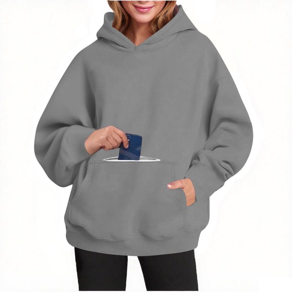 CQONEPT Women's Hoodies with Zip Pockets Lounge Fleece Sweatshirts Trendy Fashion Pullover Tops Cute Outdoor Clothes Dark Gray L