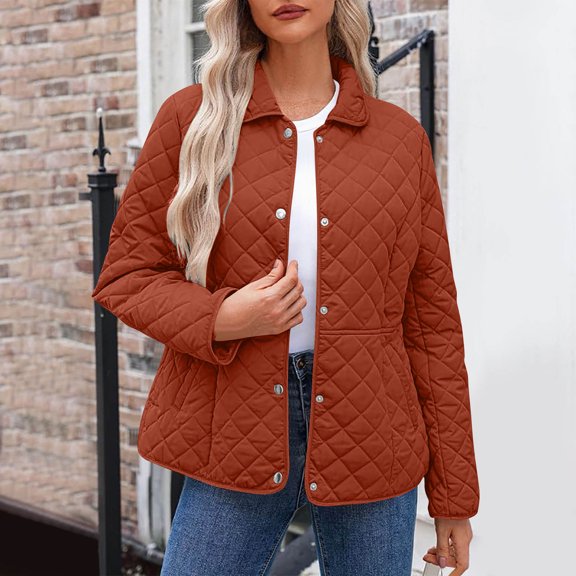 CQONEPT Women's Jacket Coats Button Down Lapel Neck Raincoat Quilted Puffer Overcoat Lightweight Outerwear with Pockets Orange 3XL