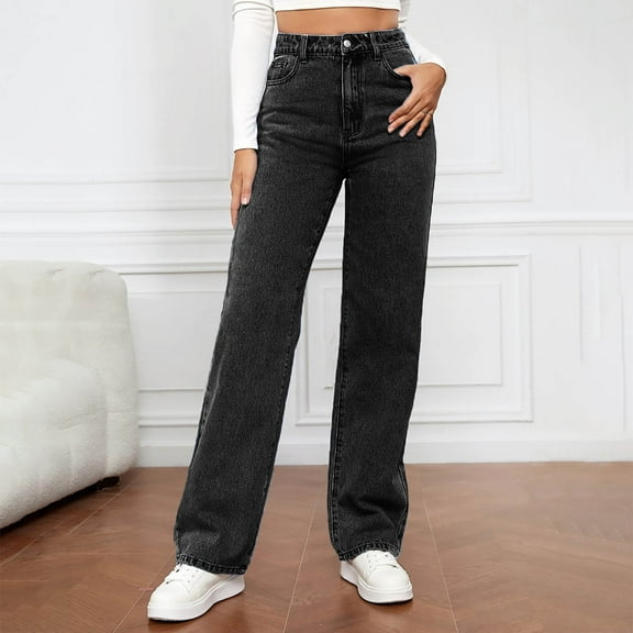 CQONEPT Women's Jean Casual High Waist Straight Leg Denim Pants Petite Y2K Trendy Slim Fit Trousers with Pockets Black M