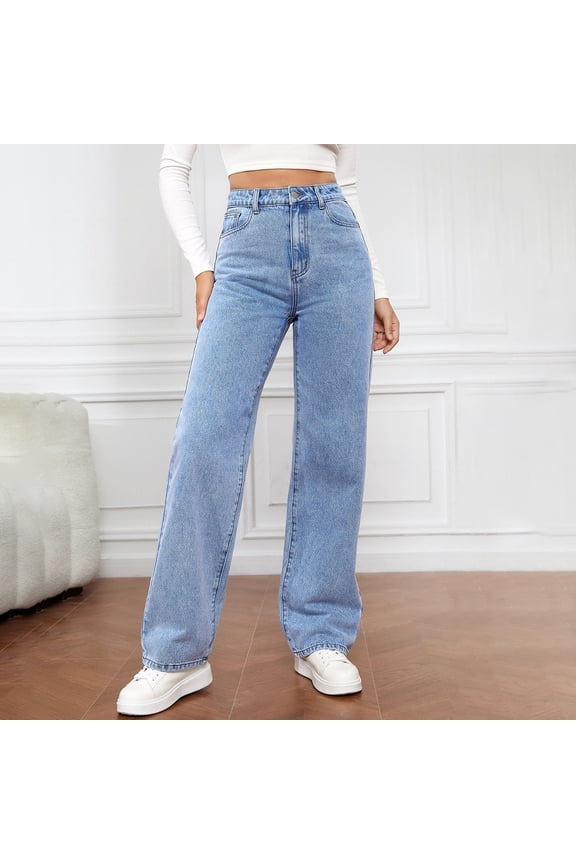 Women's Jean Casual High Waist Straight Leg Denim Pants Petite Y2K Trendy Slim Fit Trousers with Pockets Blue M