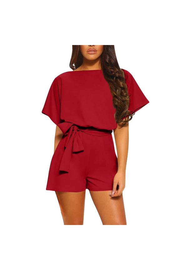 Women's Jumpsuit Shorts with Belt Short Sleeve Pants for Yoga Lounge Loose Fit Summer Trendy Romper Red L