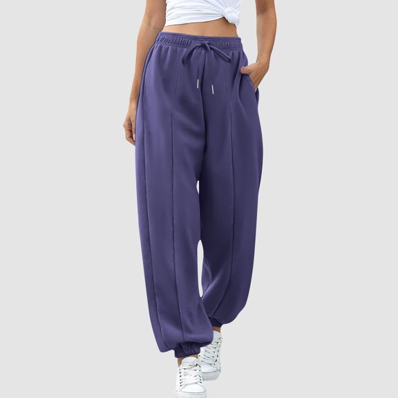 CQONEPT Womens Fleece Sweatpants Drawstring Elastic Waisted Pant with Pockets Trendy Loose Fit Casual Camping Sports Trousers Navy S