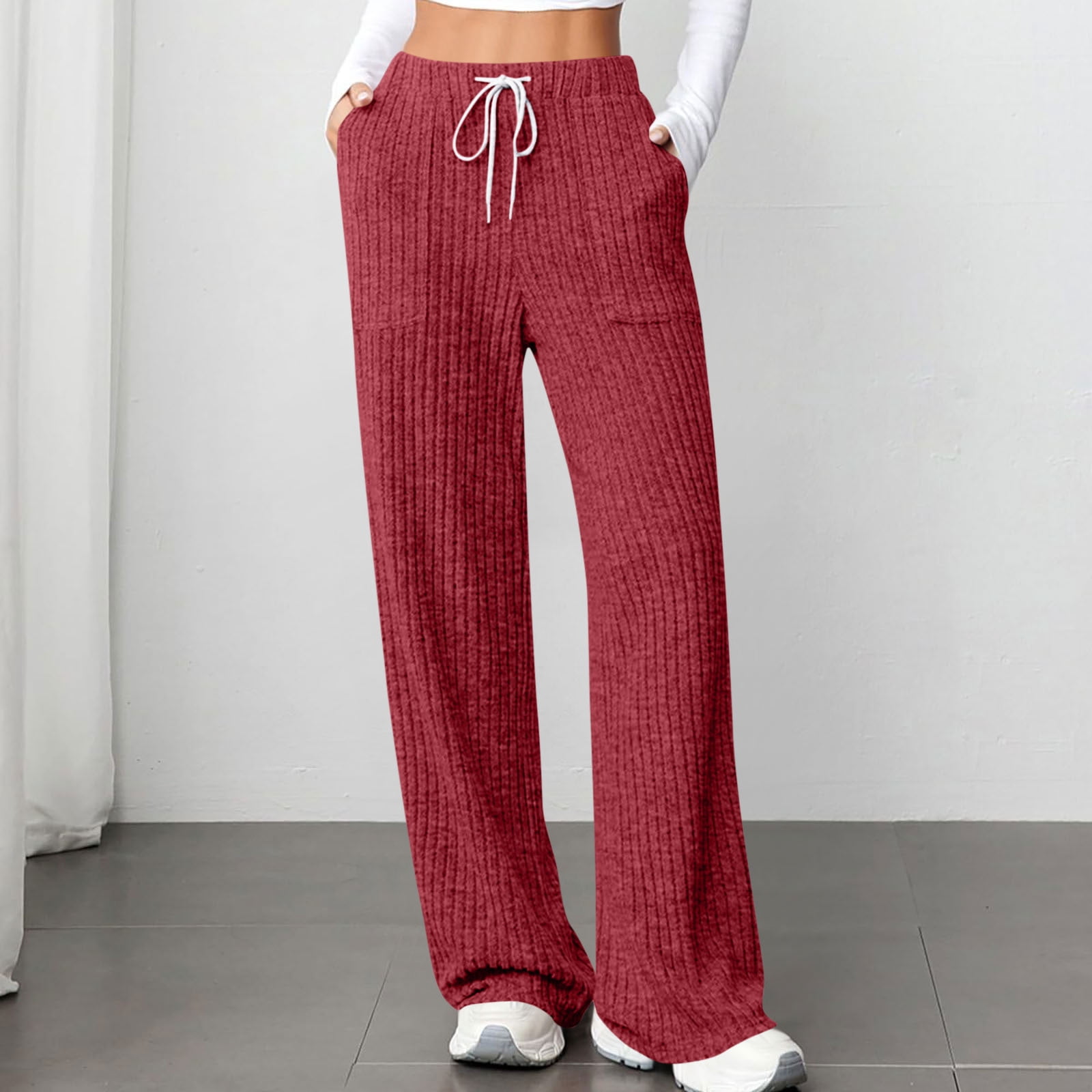 CQONEPT Women's Knit Pant Drawstring Ribbed Casual Baggy Pants Stretchy ...