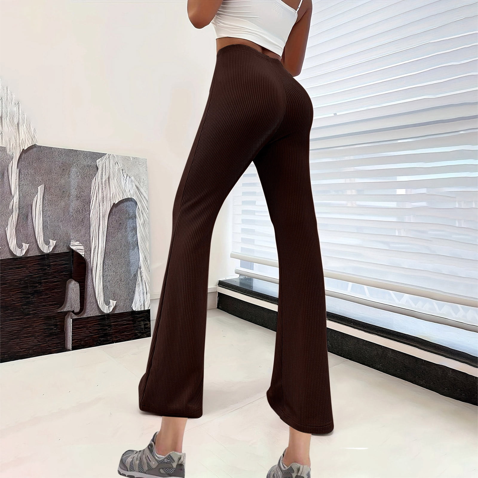 CQONEPT Women's Knit Pants High Waist Ribbed Lounge Loose Bell Bottom ...