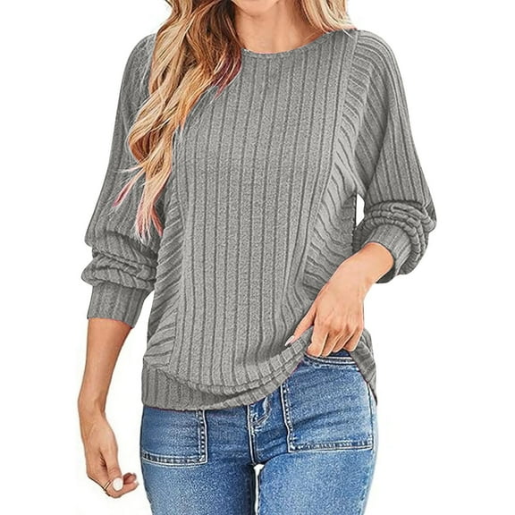 CQONEPT Women's Knit Sweaters Crewneck Ribbed Cable Long Sleeve Shirts Lounge Loose Fit Fall Winter Tunic Tops Gray XL