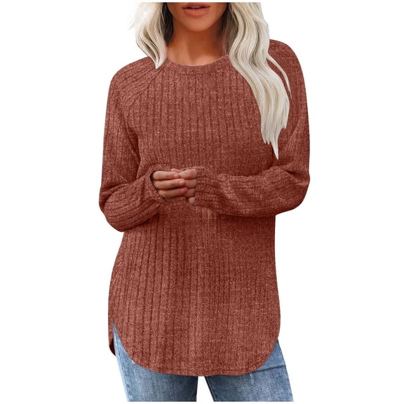 CQONEPT Women's Knit Sweaters Side Slit Pullover Tops Crewneck Ribbed Long Sleeve Tops Fall Winter Blouse Brown 2XL