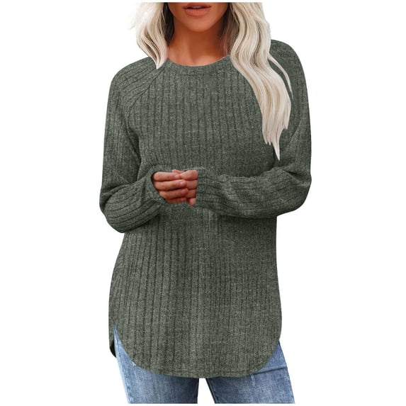 CQONEPT Women's Knit Sweaters Side Slit Pullover Tops Crewneck Ribbed Long Sleeve Tops Fall Winter Blouse Green S