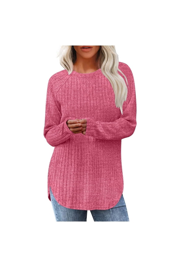 Women's Knit Sweaters Side Slit Pullover Tops Crewneck Ribbed Long Sleeve Tops Fall Winter Blouse Hot Pink M