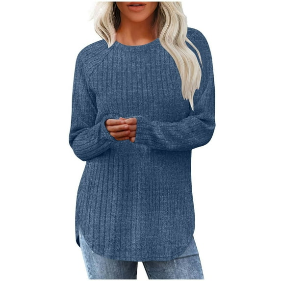 CQONEPT Women's Knit Sweaters Side Slit Pullover Tops Crewneck Ribbed Long Sleeve Tops Fall Winter Blouse Navy M