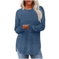 thumbnail image 1 of CQONEPT Women's Knit Sweaters Side Slit Pullover Tops Crewneck Ribbed Long Sleeve Tops Fall Winter Blouse Navy S, 1 of 4
