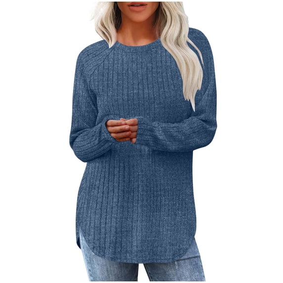 CQONEPT Women's Knit Sweaters Side Slit Pullover Tops Crewneck Ribbed Long Sleeve Tops Fall Winter Blouse Navy S