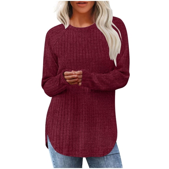 CQONEPT Women's Knit Sweaters Side Slit Pullover Tops Crewneck Ribbed Long Sleeve Tops Fall Winter Blouse Wine L