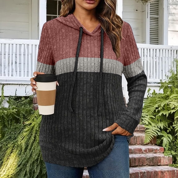 CQONEPT Women's Knit Sweatshirts Drawstring Color Block Hoodies Ribbed Sweaters Lounge Loose Fit Fall Winter Pullover Red XL