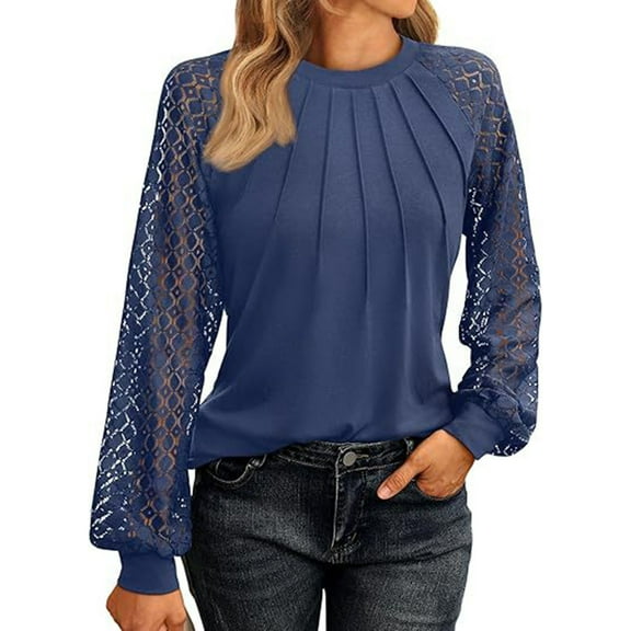 CQONEPT Women's Lace Patchwork Shirts Pleated Crewneck Blouse Trendy Palazzo Going Out Long Sleeve Tunic Tops Navy XL
