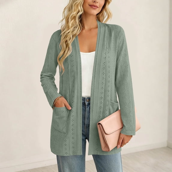 CQONEPT Women's Lightweight Open Front Cardigan Casual Long Sleeve Loose Fit Solid Color Long Cardigans with Pockets Army Green L