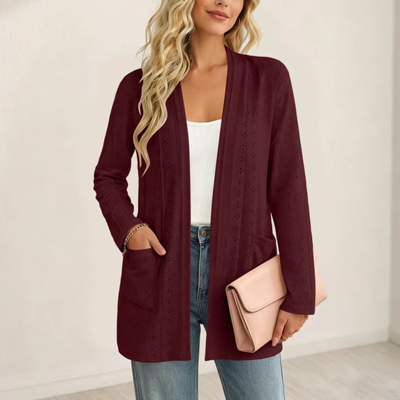 CQONEPT Women's Lightweight Open Front Cardigan Casual Long Sleeve Loose Fit Solid Color Long Cardigans with Pockets Wine L