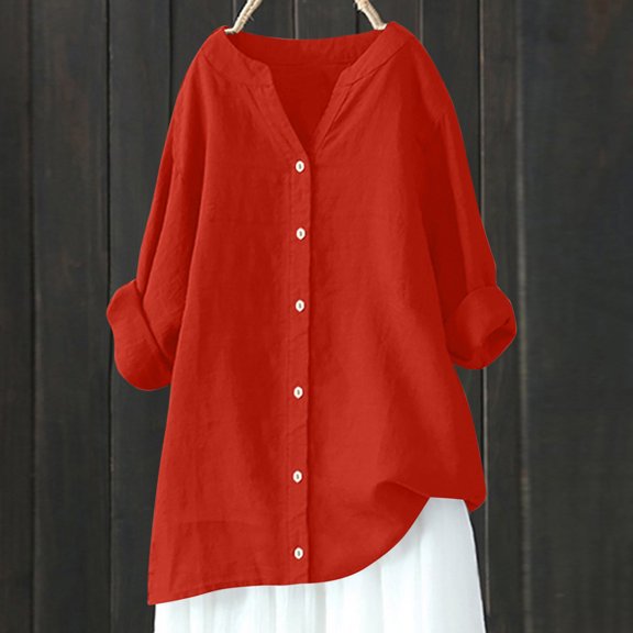 CQONEPT Women's Linen Cotton Blouse Button Down V Neck Shirts Lightweight Long Sleeve Tops Outdoor Tunic Tops Red L
