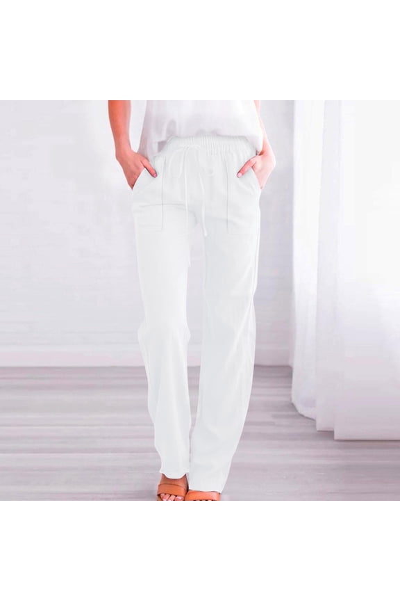Women's Linen Cotton Pants Drawstring Skinny Leg Elastic Waisted Pant Lightweight Slim Fit Trousers with Pockets White L