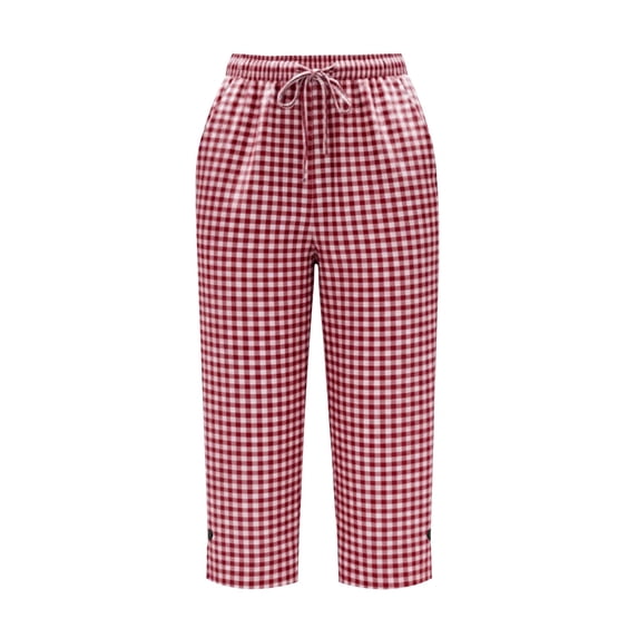CQONEPT Women's Linen Loose Capris Pants Elastic Waist Cropped Pant Drawstring Casual Plaid Trousers with Pockets Red S